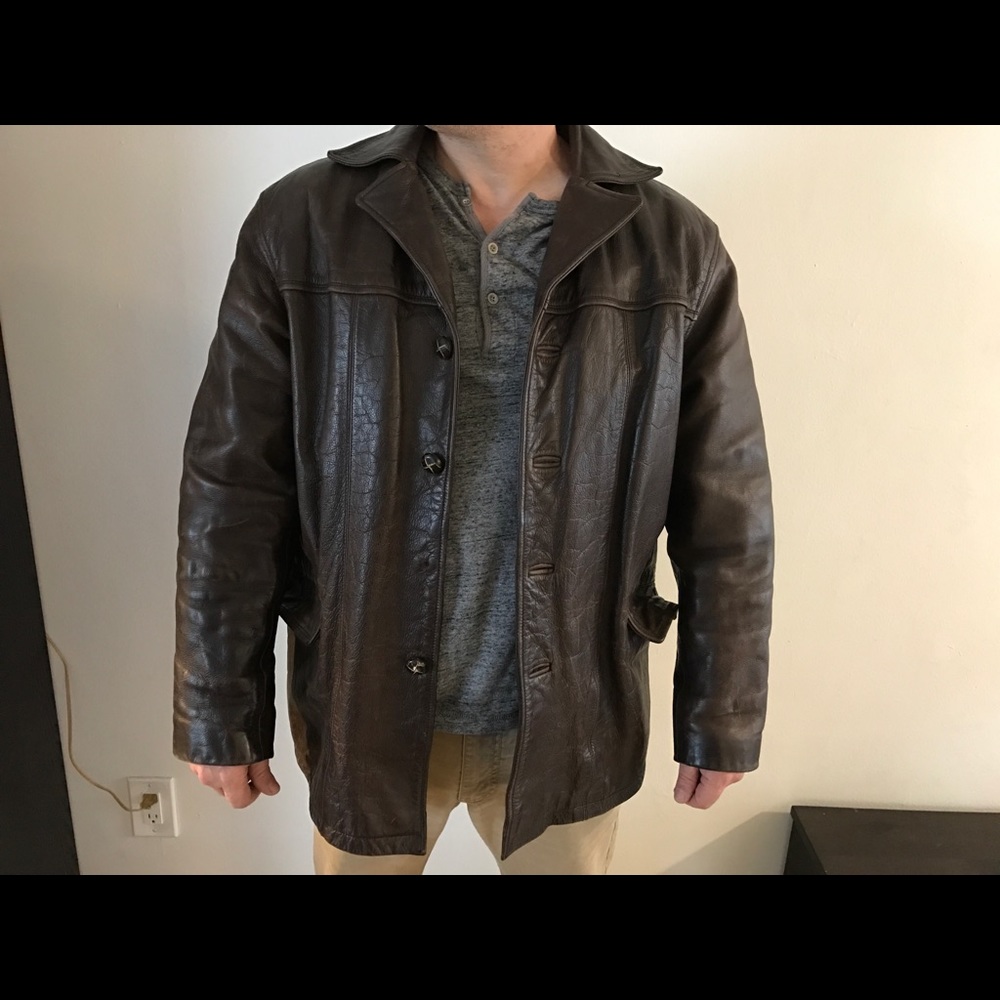 Brown leather jacket.